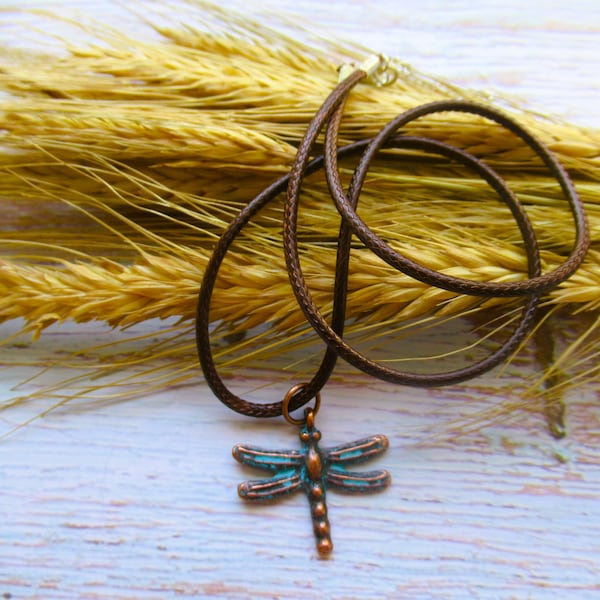 Dragonfly Pendant necklace,  with Gift Bags, Patina Boho Charm on Vegan Brown Cord