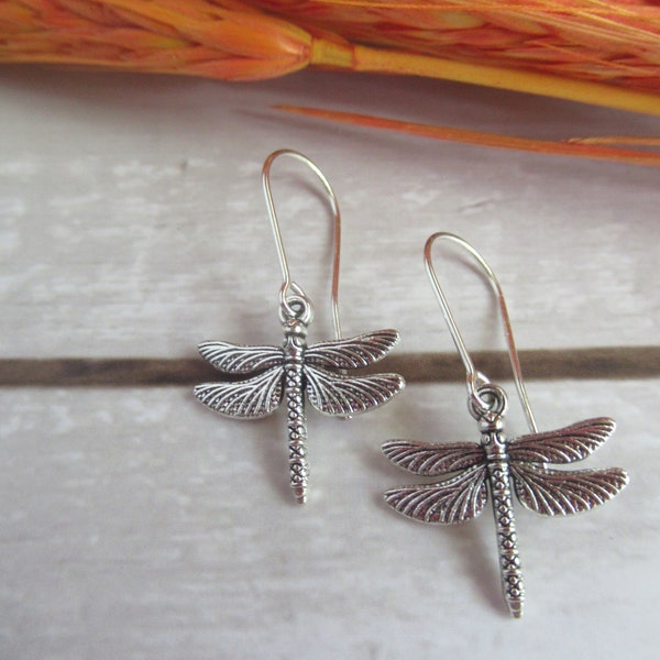 Dragonfly earrings, silver alloy charms and sterling silver ear wires with gift bag