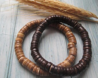 Coconut Wood bracelets, brown boho, coconut shell beads,  mens womens with gift bag