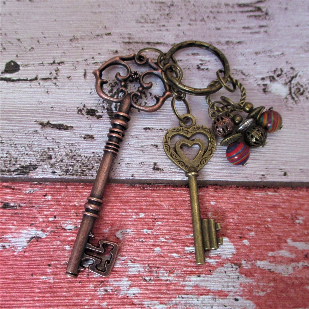 Copper Keychain Bronze Antique Key Steampunk Boho Charm Etsy