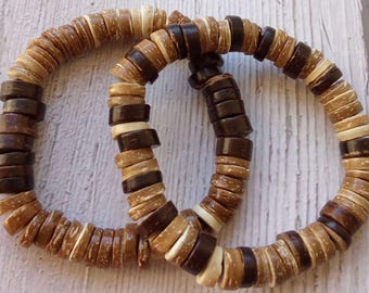Coconut Wood Bracelets, Striped Brown for Men and Women with a Gift Bag