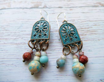 Boho Earrings with Jasper, Sterling Silver Ear Wires and Gift Bag