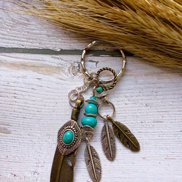 Feather key ring, boho charm, turquoise key chain, native american inspired, women's men's with gift bag