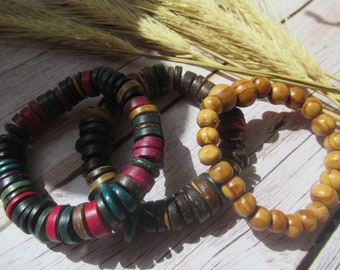 Wood bracelet set beaded coconut shell ethnic stacking beads mens womens with gift bag