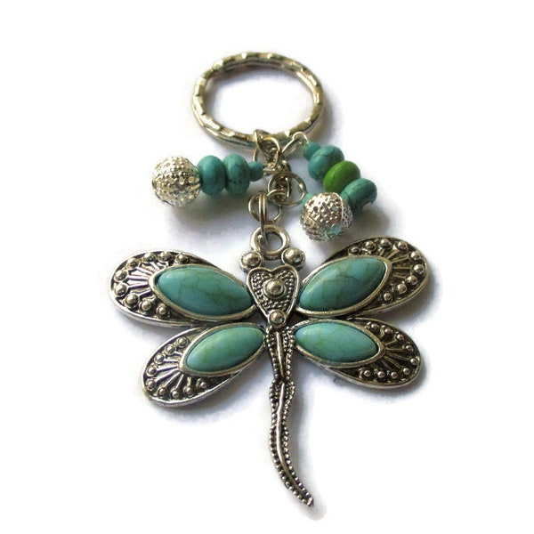 dragonfly key-ring,  boho turquoise keychain,beaded gemstone bag charm, women's men's gift