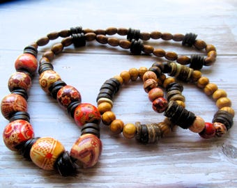 Chunky Beaded Wood Necklace and Bracelet Set