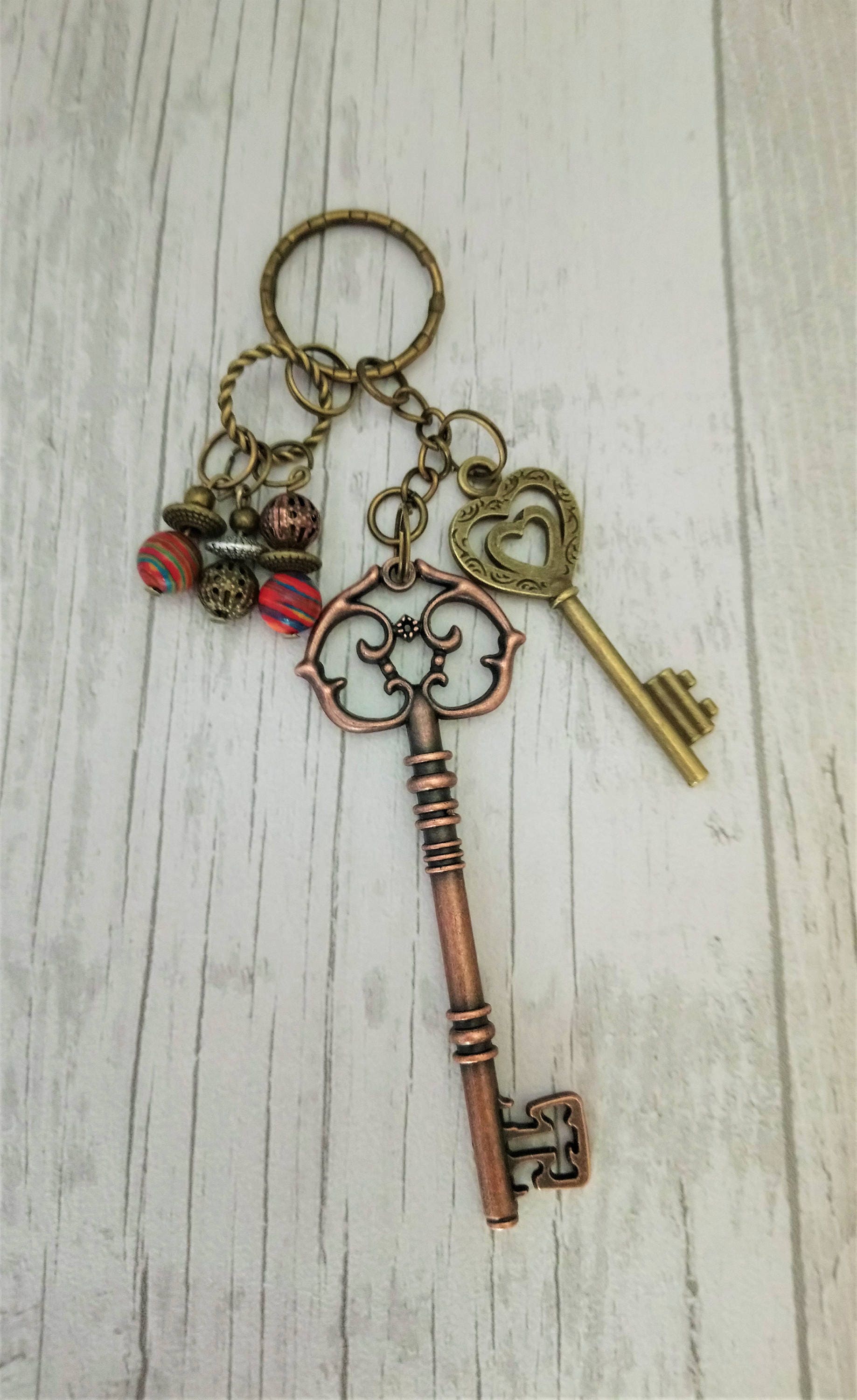 Copper Keychain Bronze Antique Key Steampunk Boho Bag Charm Etsy