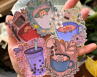 ¡Bebidas! / boba, matcha, café, té, chocolate caliente / pegatinas de vinilo brillante / para botellas de agua, computadoras portátiles, diario