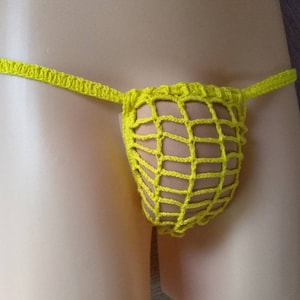 May include: A bright yellow crocheted net-like undergarment.