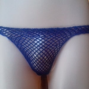 May include: Blue mesh underwear with a diamond pattern.