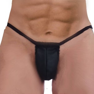 May include: Black leather thong underwear with a low rise and a wide waistband.