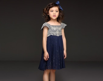 Navy Gold Lace Girl Dress, Navy Flower Girl  Lace Dress, Girl  Lace Dress, Girl Birthday Party Dress, Ribbon Sash Dress D22