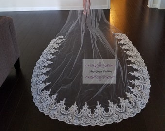 Custom Handmake Lace Edge 1 Tier Tailor Custom Handmade Scalloped Sequins  Cathedral  Royal Wedding Bridal Veil