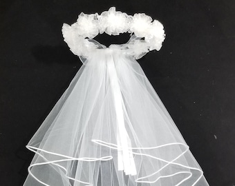 White Communion Flower Veil Girls  Custom Handmade  Artificial Flower Pearls Crown 2 Tiers Wedding