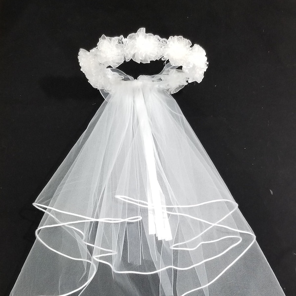 White Communion Flower Veil Girls  Custom Handmade  Artificial Flower Pearls Crown 2 Tiers Wedding