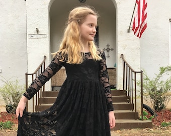 Black Flower Girl Long Sleeves Lace Dress, Lace Flower Girl Dress, Wedding Birthday Party Christmas Floor Length