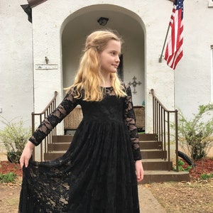 Black Flower Girl Long Sleeves Lace Dress, Lace Flower Girl Dress, Wedding Birthday Party Christmas Floor Length