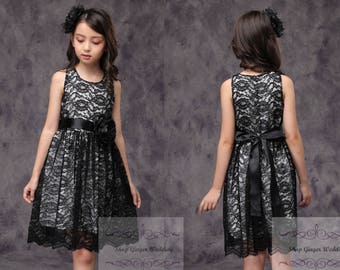 Black Flower Girl  Lace Dress, baby Lace Dress, Bow Wedding Bridal Children Toddler Communion Party Birthday D6