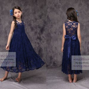 Navy Blumenmädchen ärmelloses Kleid, Mädchen Spitzenkleid, Sommer-Mädchen-Party Kleid Kinder Kleinkind