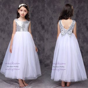 silver sequin girl dress, flower girl dress, toddler girl tutu dress, communion dress, Christmas New Year girl dress