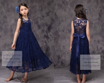 Navy Flower Girl sleeveless Dress, Girl  Lace Dress, Summer Girl Party Dress   Children Toddler