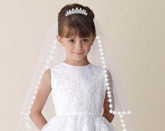 Lace Edge Communion Veil 2 Tier Tiara Girls  Custom Handmade Plain First  Wedding Bridal Flower White Girl Veil Off White