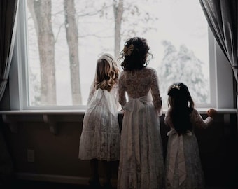 White Lace Girl Dress, Ivory Girl Lace Dress, Girl Lace Dress, Long Sleeves Girl Dress, flower girl dress, First Communion Dress D11L