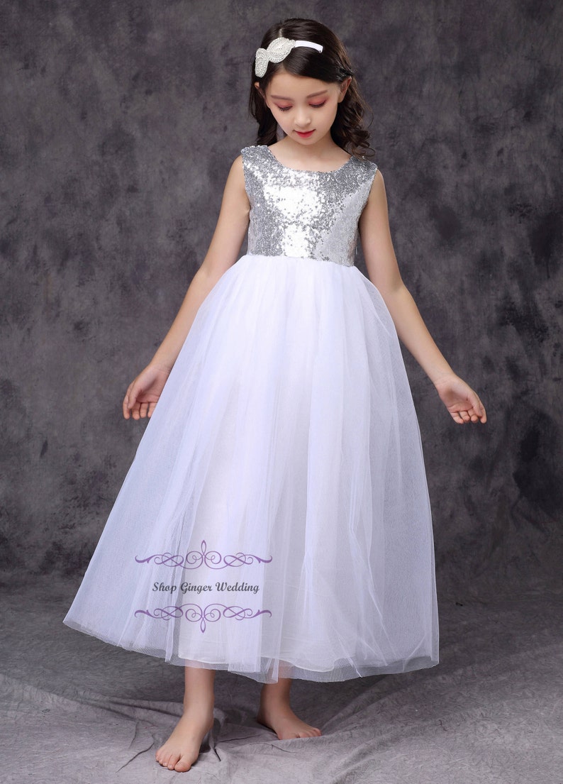 silver sequin girl dress, flower girl dress, toddler girl tutu dress, communion dress, Christmas New Year girl dress image 3