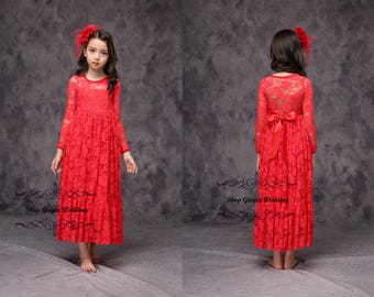 Red Lace Girl Dress, girl lace dress, long sleeves girl dress, applique sash birthday party christmas dress floor length