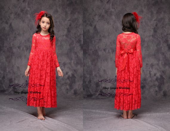 Red Lace Girl Dress, Girl Lace Dress, Long Sleeves Girl Dress, Applique Sash Birthday Party Christmas Dress Floor Length