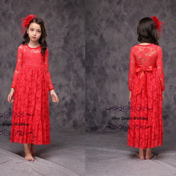 Red Lace Girl Dress, girl lace dress, long sleeves girl dress, applique sash birthday party christmas dress floor length