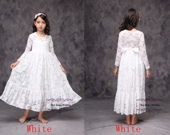 White Lace Girl Dress, Ivory Girl Lace Dress, Girl Lace Dress, Long Sleeves Girl Dress, flower girl dress, First Communion Dress D11