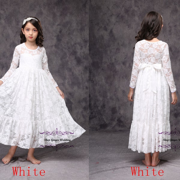 White Lace Girl Dress, Ivory Girl Lace Dress, Girl Lace Dress, Long Sleeves Girl Dress, flower girl dress, First Communion Dress D11