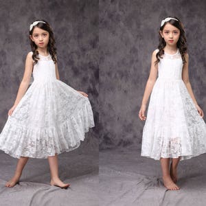 Sleeveless Flower Girl Lace Dress White Ivory, Girl Lace Dress. Communion Dress Bow Sash Children  D11