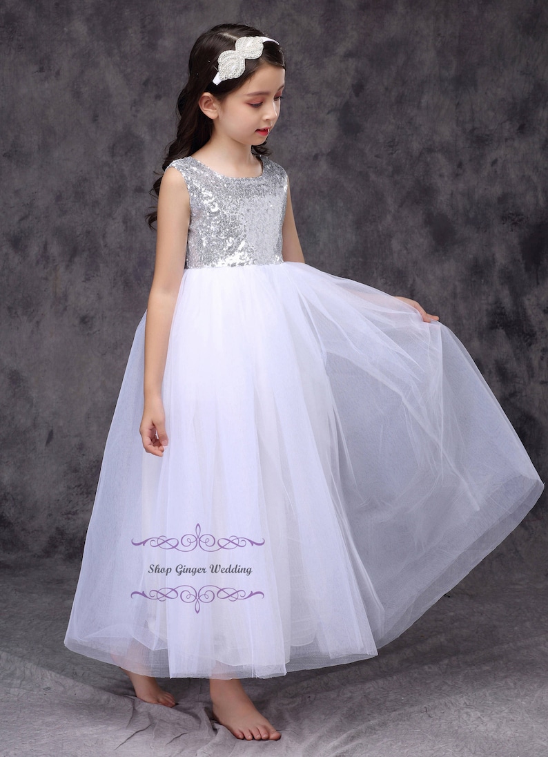 silver sequin girl dress, flower girl dress, toddler girl tutu dress, communion dress, Christmas New Year girl dress image 2