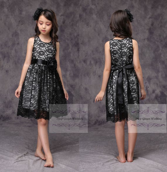 childrens black lace dress Black Flower Girl Lace Dress, baby Lace Dress, Bow Wedding Bridal Children Toddler Communion Party Birthday D6
