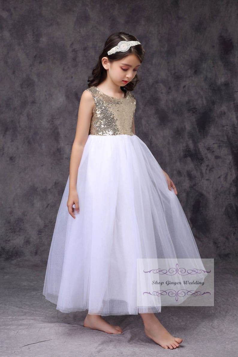 Gold sequin girl dress, flower girl dress, toddler girl tutu dress, communion dress, Christmas New Year girl dress, White or Ivory Tulle image 5