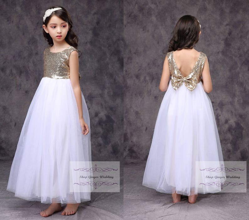 Gold sequin girl dress, flower girl dress, toddler girl tutu dress, communion dress, Christmas New Year girl dress, White or Ivory Tulle image 3