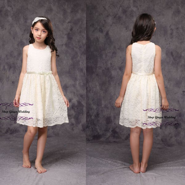 Yellow Side Ivory Flower Girl  Lace Dress, baby Lace Dress, Bow Wedding Bridal Children Toddler Communion D6-IV