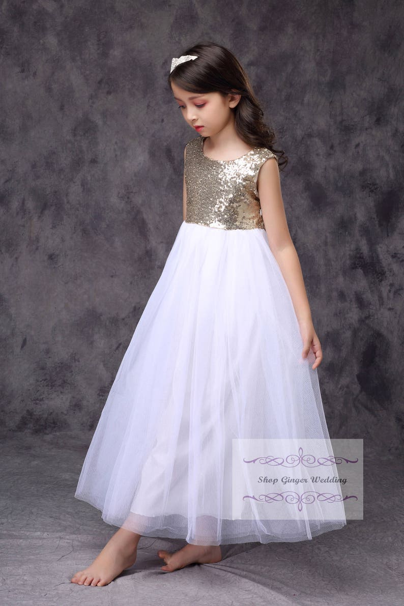 Gold sequin girl dress, flower girl dress, toddler girl tutu dress, communion dress, Christmas New Year girl dress, White or Ivory Tulle image 6