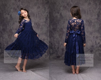 Navy Lace Girl Dress,  Girl Lace Dress, Long Sleeves Girl Dress, Lace Flower Girl Dress, Sleeveless Girl Dress Sash Party New Year Christmas