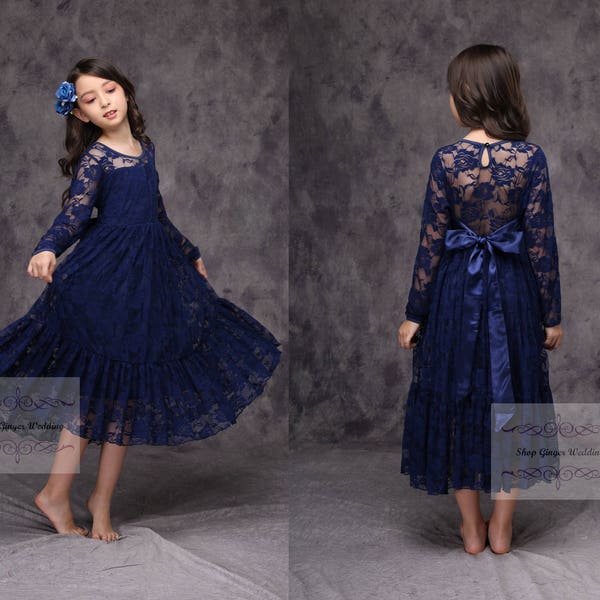 Navy Lace Girl Dress,  Girl Lace Dress, Long Sleeves Girl Dress, Lace Flower Girl Dress, Sleeveless Girl Dress Sash Party New Year Christmas