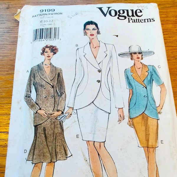 Tailleur jupe Vogue à bords arrondis, veste à fermeture décalée, coutures inhabituelles. Non coupée Vogue 9199 Jupe droite/évasée taille 8 -12 buste 31 1/2 - 34 " SP302