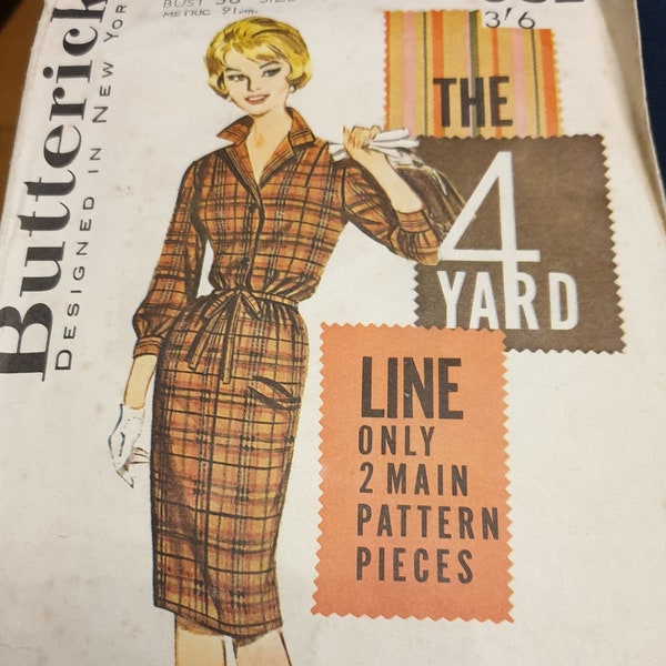 1 ungeschnittenes vintage 1950er Kleid durchgeknöpft mit geraffter Taille Butterick 9825 original vintage Schnittmuster Größe 42 Büste 36 "Ref SP8438