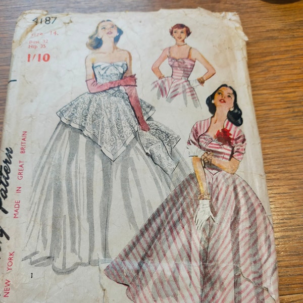 1940s strapless fitted body & peplum wedding dress, bridesmaid and  bolero jacket Simplicity 4187 uncut pattern size 14 bust 32 " SP441