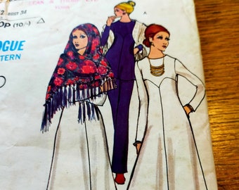 1970s Vogue dress long or short, shawl and trousers. Vogue 8015 cut & complete sewing pattern size 12 bust 34" Ref SP122