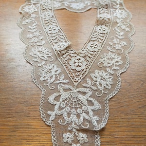 1 antique French ivory wedding hand made cotton lace collar with flowers and scalloped edge. 24 1/2 &quot; at neck & 6 1/2  &quot; Deep Collar 501