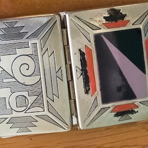 1920s French Pierre signed geometric design enamel  powder compact  silver plated with remains of powder 2 1/16 &quot; X 1 3/4&quot;  Compact 148