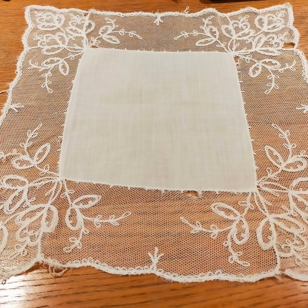 1 Rare lace edged wedding  handkerchief. 2 tiny stains & 1 hole  Came from a museum 11 " square  HAN 505