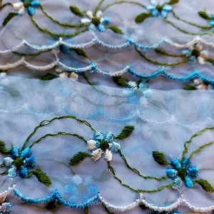 Blau & Weiß bestickte Organza Spitze von Carolace Embroidery Co. auf original Karte 8 yards X 1 5/8 "tiefe. Datum gestempelt 1979 Lace 4018